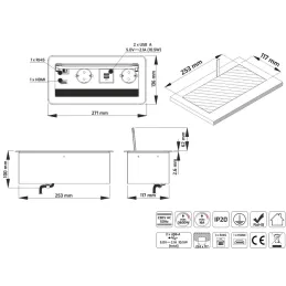 Vgradna izvlečna vtičnica 2 × 230 V + 2 × USB-polnjenje + HDMI + RJ45 / nerjavno jeklo