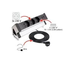Namizna vgradna vtičnica DESK 3x230 V + 2xUSB polnjenje / nerjavno jeklo