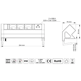 Namizna vgradna vtičnica DESK 3x230 V + 2xUSB polnjenje / nerjavno jeklo