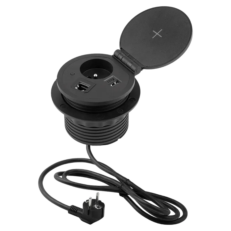 Namizna vgradna vtičnica z brezžičnim polnjenjem, 1 × 230 V + 1 × USB-polnjenje A/C + HDMI + RJ45 / Črna