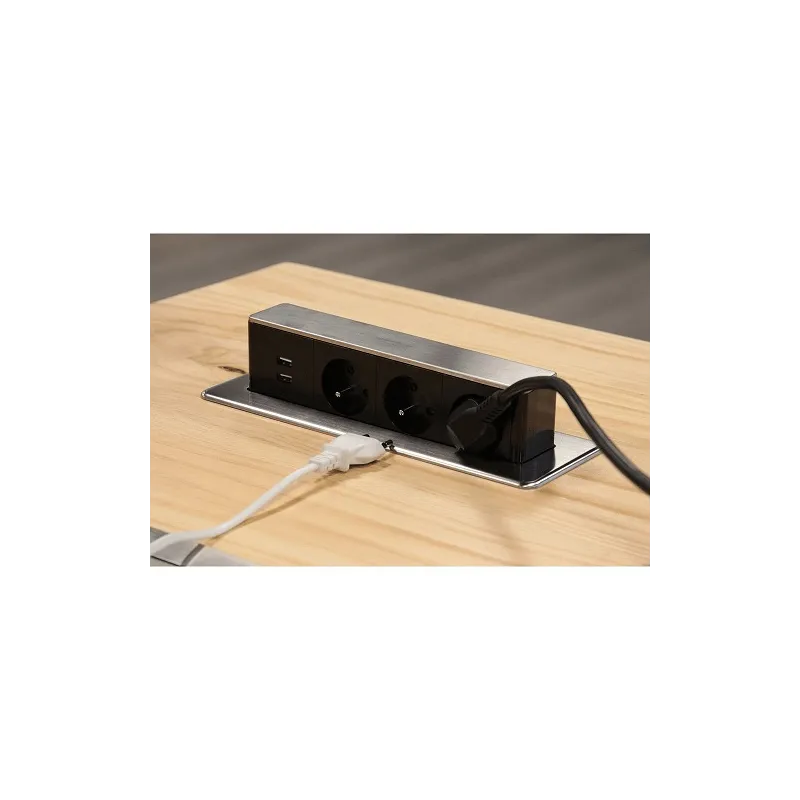 Izvlečna električna vtičnica OTIO DESK 3x230V + 2xUSB-polnjenje / imitacija nerjavnega jekla