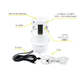 Izvlečna vtičnica z brezžičnim polnjenjem 4 × 230 V + 2 × USB-polnjenje A/C + RJ45 / bela