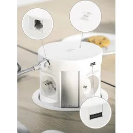 Izvlečna vtičnica z brezžičnim polnjenjem 4 × 230 V + 2 × USB-polnjenje A/C + RJ45 / bela