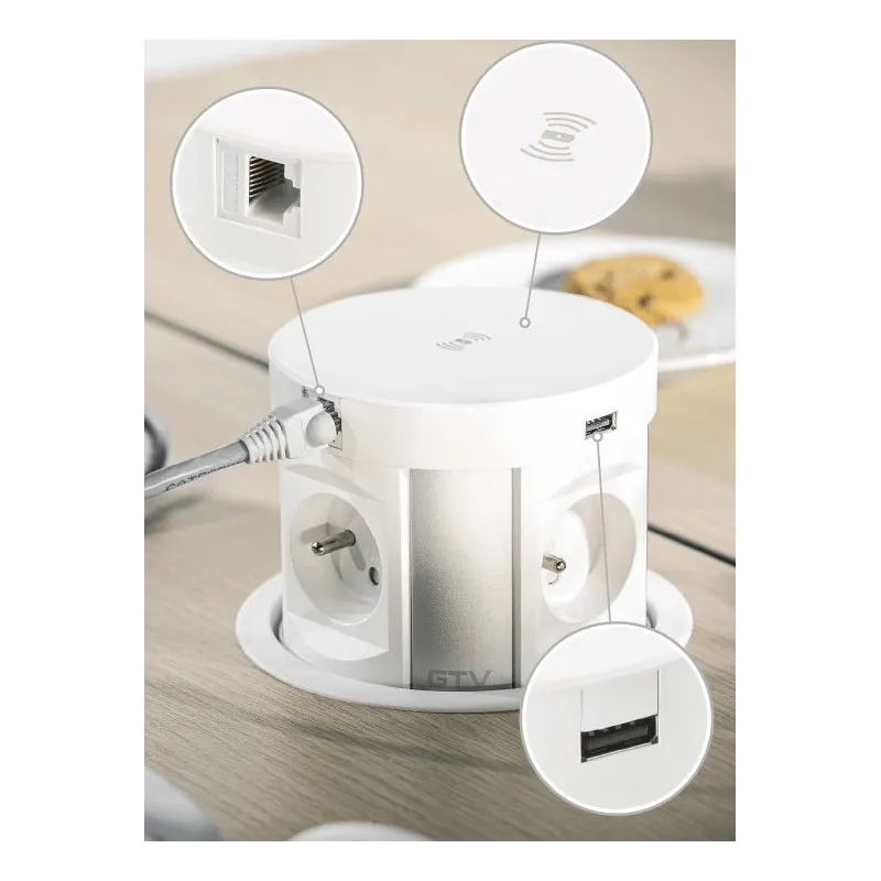Izvlečna vtičnica z brezžičnim polnjenjem 4 × 230 V + 2 × USB-polnjenje A/C + RJ45 / bela