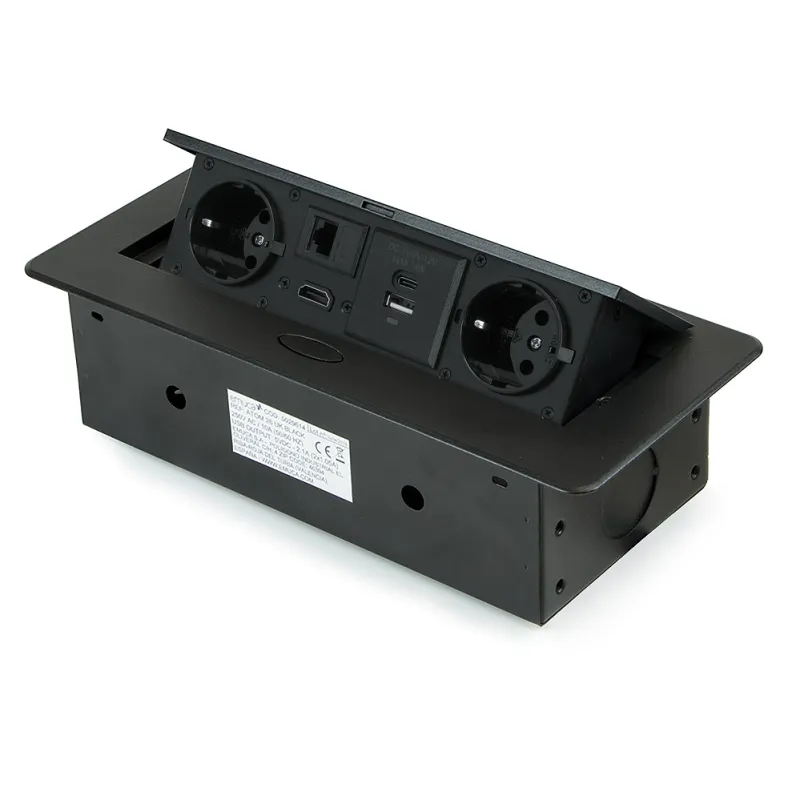 Izvlečna vtičnica ATOMIA 2x230 V + 2xUSB-polnjenje A/C + HDMI + RJ45 / Črna