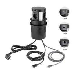 Izvlečni modul z vtičnicami SCHUKO in brezžičnim polnjenjem 4 × 230 V + polnjenje 2 × USB A/C + HDMI + RJ45 / Črna