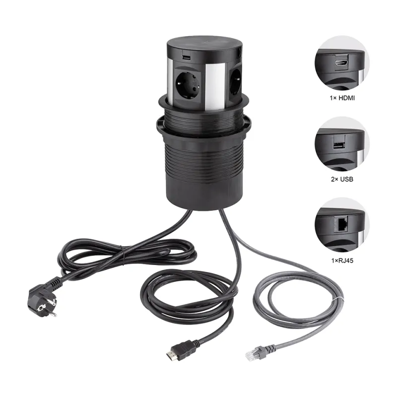 Izvlečni modul z vtičnicami SCHUKO in brezžičnim polnjenjem 4 × 230 V + polnjenje 2 × USB A/C + HDMI + RJ45 / Črna