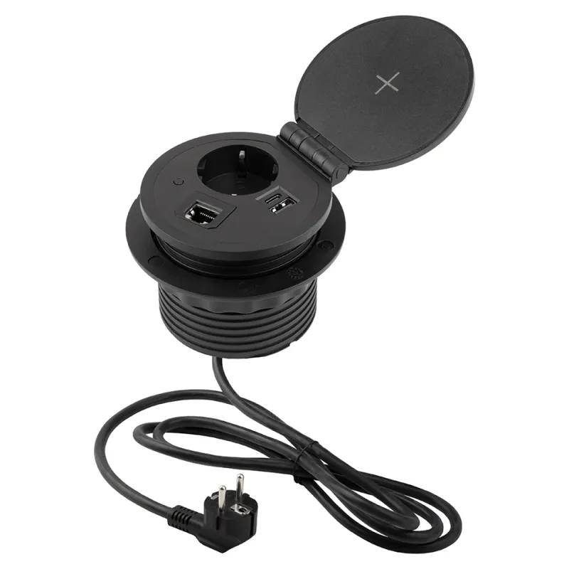 Vgradna namizna vtičnica SCHUKO z brezžičnim polnjenjem 1 × 230 V + 1 × polnjenje USB A/C + HDMI + RJ45 / črna