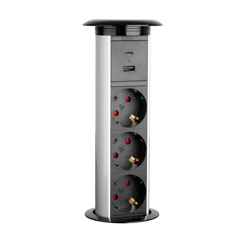 Avtomatska izvlečna električna vtičnica MORGAN SCHUKO 3x230V + 2xUSB A+C / Aluminij