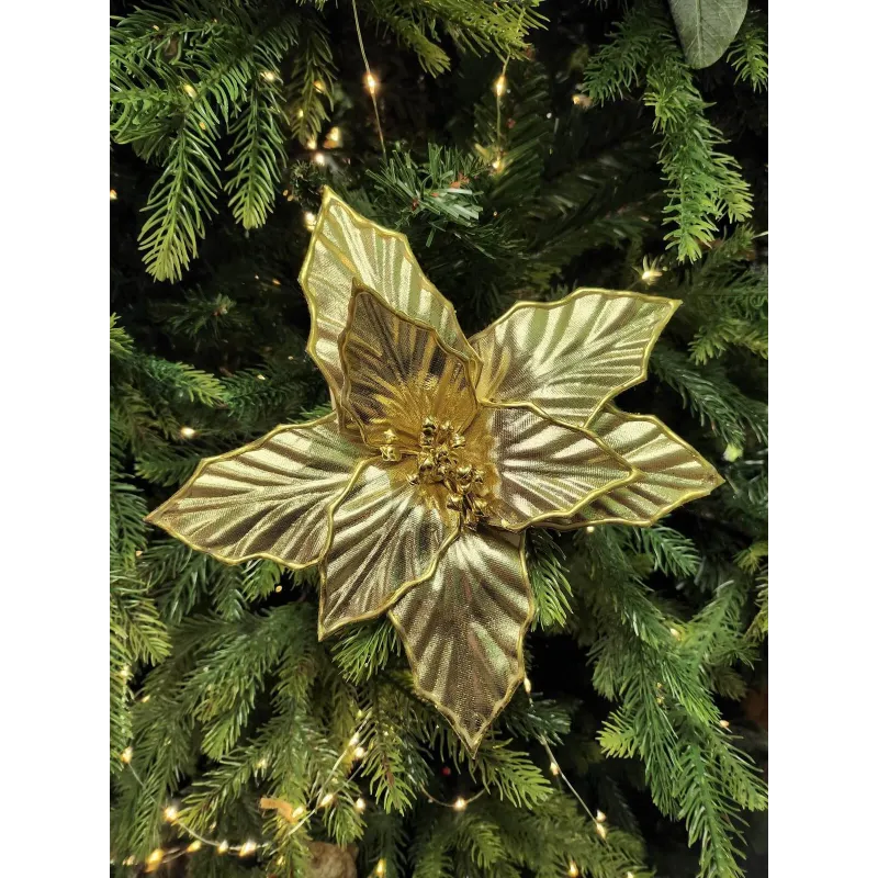 Okrasni cvet za božično drevo GOLD ROSE 220 mm / Zlata sijajna