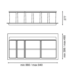 Koš za odpadke za predal SISTEMA 9XL 1000 mm / Siva