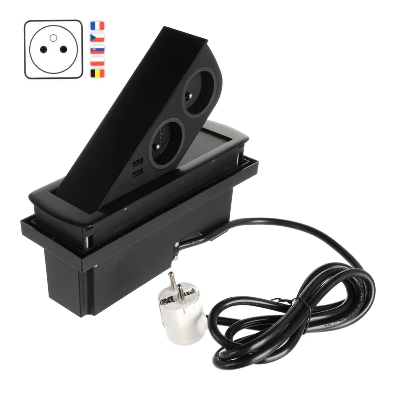 Izskočna električna vtičnica CIZO 2x230 + 2xUSB – FRENCH / črna