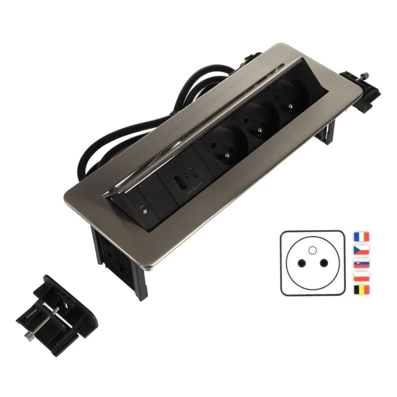Dvižna električna vtičnica LUNAR FRENCH 3x230V + polnjenje USB A-C / nerjavno jeklo