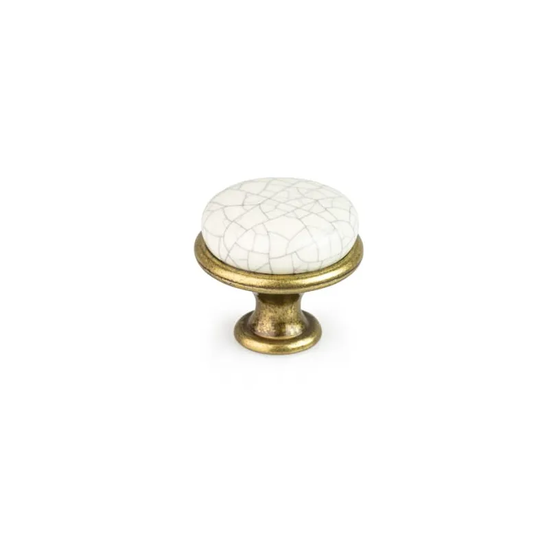 Gumb ročaj LUNAS / starinska medenina – razpokan porcelan