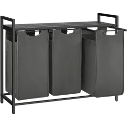 Košara za perilo METALO TRIO / Črna + antracitno lesena barva