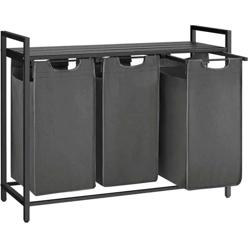Košara za perilo METALO TRIO / Črna + antracitno lesena barva