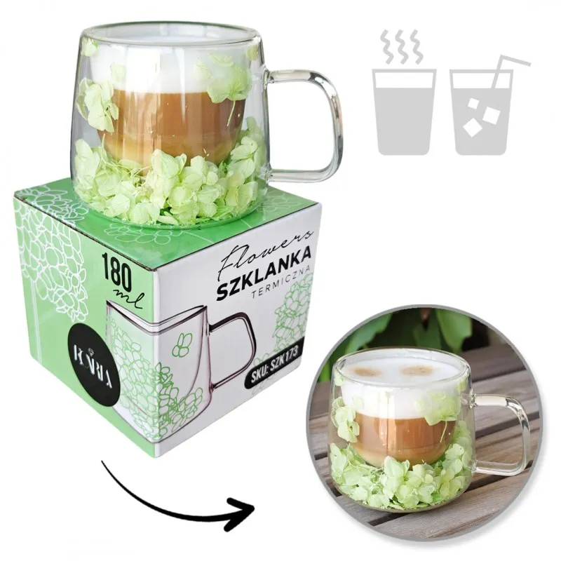 Termo skodelica za napitke s cvetlicami FLOWER GLASS 180 ml / zelena