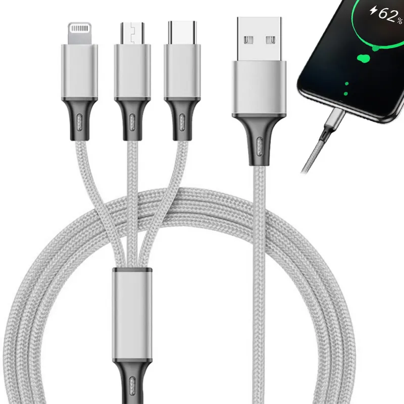 3-v-1 polnilnik za telefon USB-A PRACTICO / Srebrna