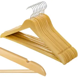 Komplet 10 lesenih obešalnikov z letvico / Naravni les