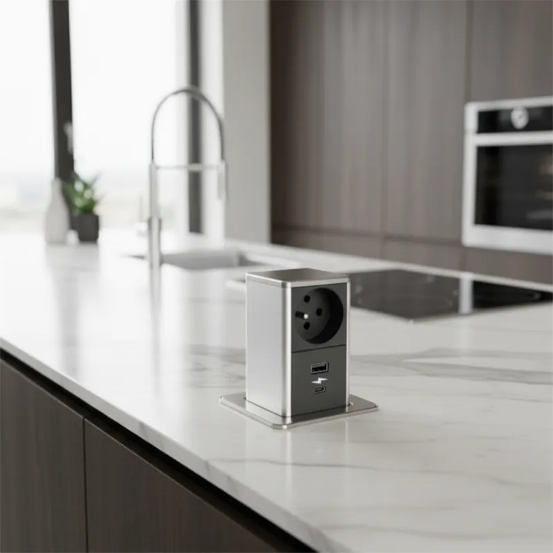 Izvlečna vtičnica SQUARE UP FRENCH 1 × 230 V + USB A-C / nerjavno jeklo