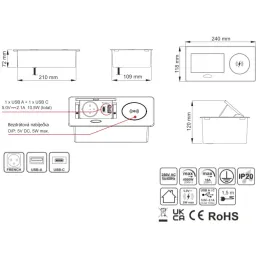 Izvlečna električna vtičnica 1x230 V + polnjenje USB A-C / mat bela
