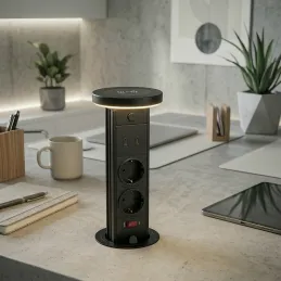 Izvlečna vtičnica LEGIA SCHUKO 2x230V + USB A-C + lučka / Mat črna