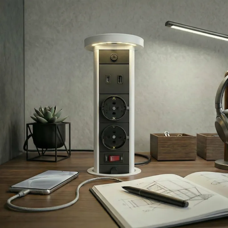 Izvlečna vtičnica LEGIA SCHUKO 2x230V + USB A-C + lučka / Bela matirana