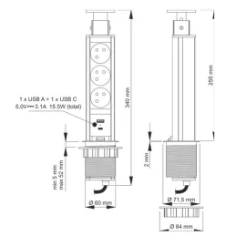 Izvlečna električna vtičnica ASTRA FRENCH 3x230V + 2x USB-polnjenje / Črna
