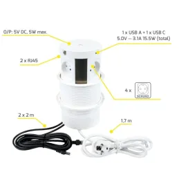 Izvlečna električna vtičnica MULTIBOX 4x 230V + 2x USB + 2x RJ45 / Bela