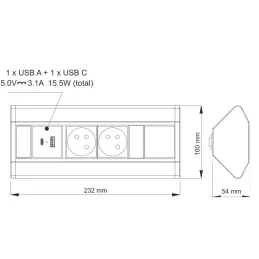 Notranji vgradni razdelilnik CORNER FRENCH 2x 230V +2x USB / Črna – nerjavno jeklo