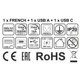 Vgradna vtičnica za mizo LUPO FRENCH 1x230V + USB A/C – črna