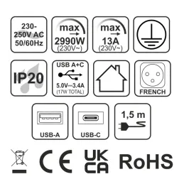 Električni razdelilnik EUROBOX 2x230V + 1xUSB C+A FRENCH / Mat črna