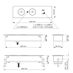 Električni razdelilnik EUROBOX 2x230V + 1xUSB C+A FRENCH / Mat črna