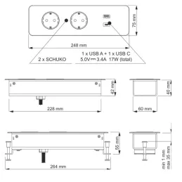 Električni razdelilnik EUROBOX 2x230V + 1xUSB C+A SCHUKO / Črna matirana