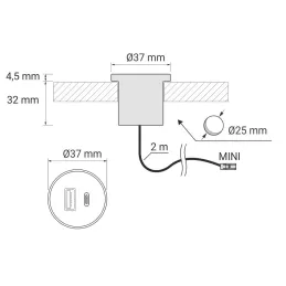 Namizni polnilnik 2 x USB A-C za vgradnjo v mizno ploščo debeline 25 mm PLUGY / mat črna