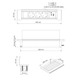 Notranja vgradna razdelilna letev SLIM BOX SCHUKO 3x 230V + USB / nerjavno jeklo