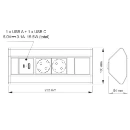 Notranji vgradni razdelilnik CORNER SCHUKO 2x 230V + USB A-C / mat črna