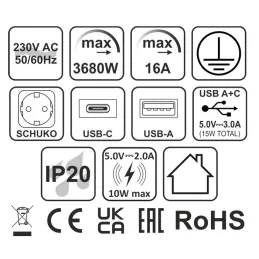 Avtomatska izvlečna električna vtičnica ASTRA SCHUKO 3x230V + 2xUSB A-C / Aluminij