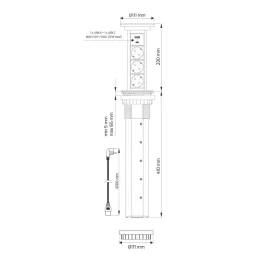Avtomatska izvlečna električna vtičnica ASTRA SCHUKO 3x230V + 2xUSB A-C / Aluminij