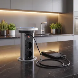 Avtomatska izvlečna električna vtičnica ASTRA SCHUKO 3x230V + 2xUSB A-C / Aluminij