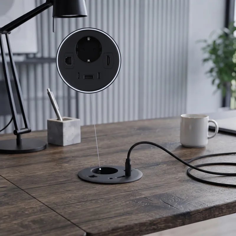 Vgradna notranja vtičnica za mizo OFFICE SMART 80 SCHUKO 1x230V + USB A-C + HDMI + Rj45 / Črna