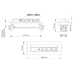 Izvlečna vtičnica AMBIENTE SCHUKO 3x230V + USB A-C / Nerjaveče jeklo