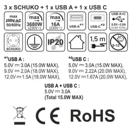Nagibna vtičnica AMBIENTE SCHUKO 3x230V + USB A-C / črna mat