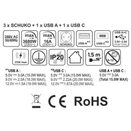 Avtomatska izvlečna vtičnica AMBIENTE SCHUKO 3x230V + USB A-C z osvetlitvijo in polnjenjem / Črno steklo