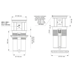 Avtomatska izvlečna vtičnica AMBIENTE SCHUKO 3x230V + USB A-C z osvetlitvijo in polnjenjem / Črno steklo