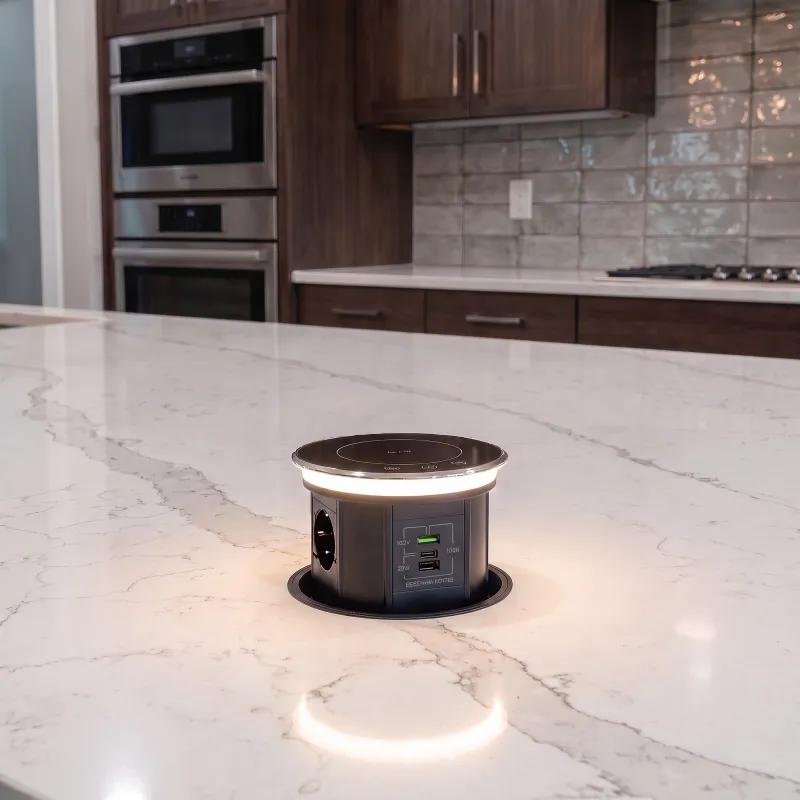 Avtomatska izvlečna vtičnica AMBIENTE SCHUKO 3x230V + USB A-C z osvetlitvijo in polnjenjem / Črno steklo
