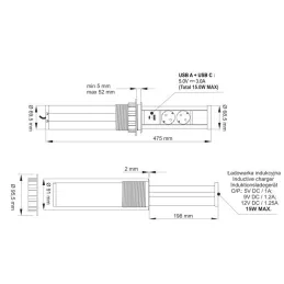 Izvlečna vtičnica AVION SCHUKO 2x230V + USB A-C in indukcijsko polnjenje / Črna mat