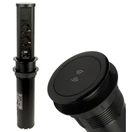 Izvlečna vtičnica AVION SCHUKO 2x230V + USB A-C in indukcijsko polnjenje / Črna mat