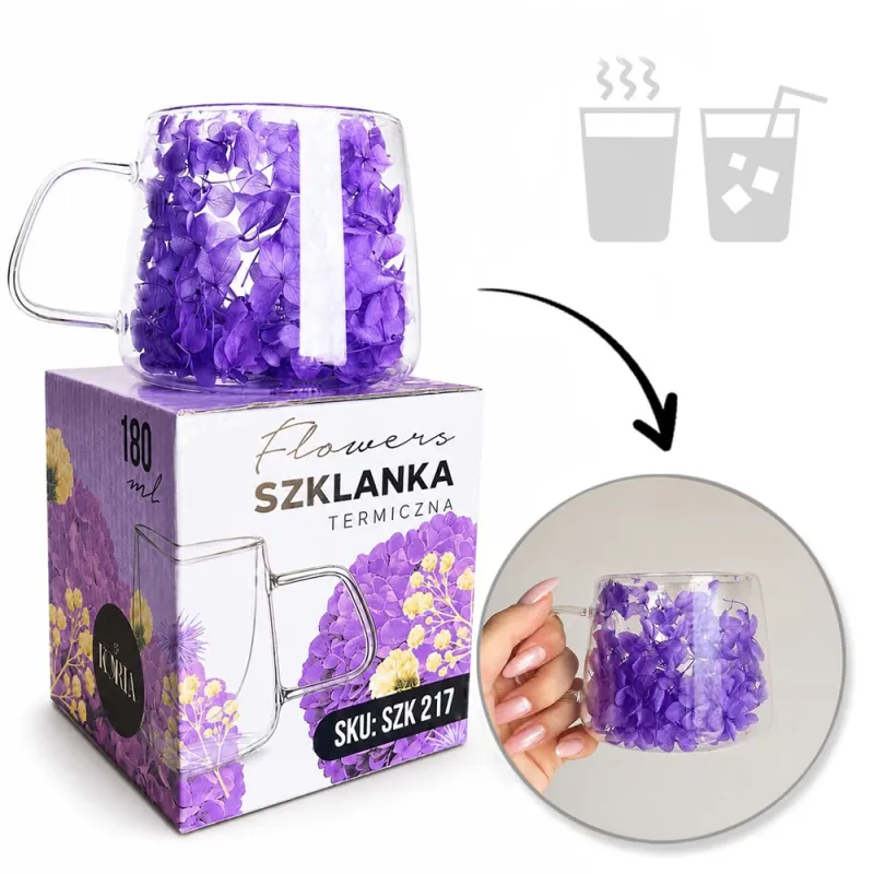 Termo skodelica za napitke s cvetlicami FLOWER GLASS 180 ml / vijolična