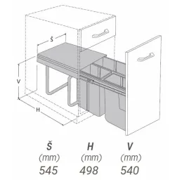 Izvlečni koš 600 mm – 1 × 34 l + 2 × 17 l / siv